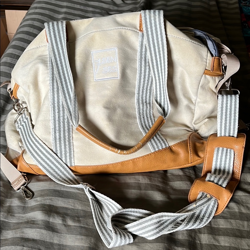 Beige and Tan Canvas Bag with Striped Straps